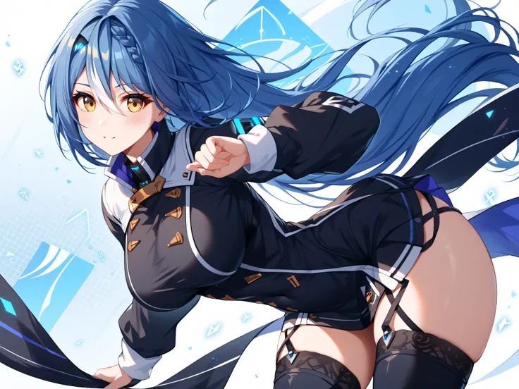 master piece、Best Quality,Super detailed,High resolution,Extremely detailed CG,Unity 8K Wallpaper,weat,score_9, score_8_up, score_7_up, score_6_up, score_5_up, score_4_up, source_anime ,Etra, blue hair, long hair, yellow eyes, white streaked hair, braid, h...
