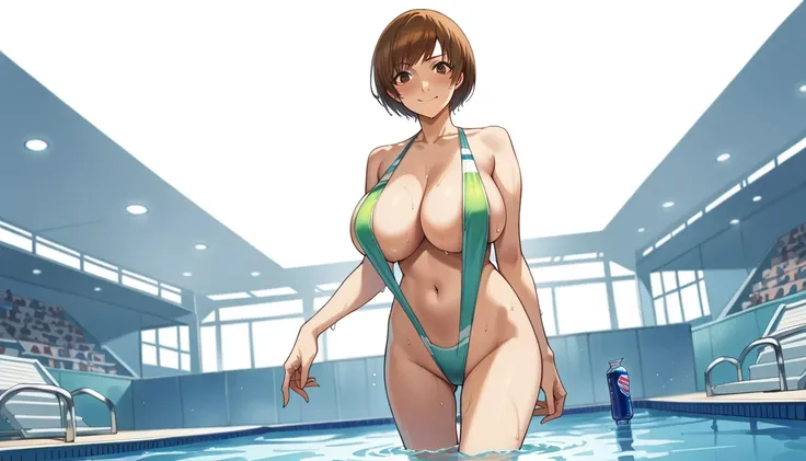 score_9, score_8_up, source_anime 1 girl, solo, cute face, p4chie, satonaka chie, short hair, brown hair, )gigantic breasts Female athlete, , female swimmer in swimsuit, swimming suit,Green slingshot bikini, walking beside pool, wet body, athlete posing wi...