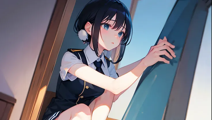 anime, black hair,Take a look,looks in,short hair,and put your hair on your ear,uniform,interior,bust up,An angle from close to the stomach looking down,Knee pillow