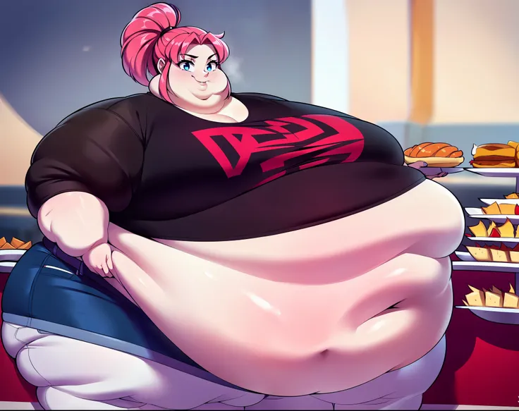 (Solo, 1woman, red/pink hair ponytail, blue eyes, playful smile, Casual Cute outfit, Tight Clothes, BBW, Buffet Restaurant), (Parody, HD quality, Anime Style, 16k, masterful detail and quality, depth of field)