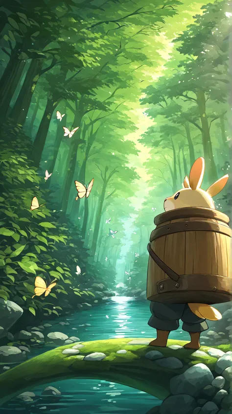 The character Exploring the Forest* – It walks through giant leaves, hops over small river stones, and admires butterflies fluttering around.