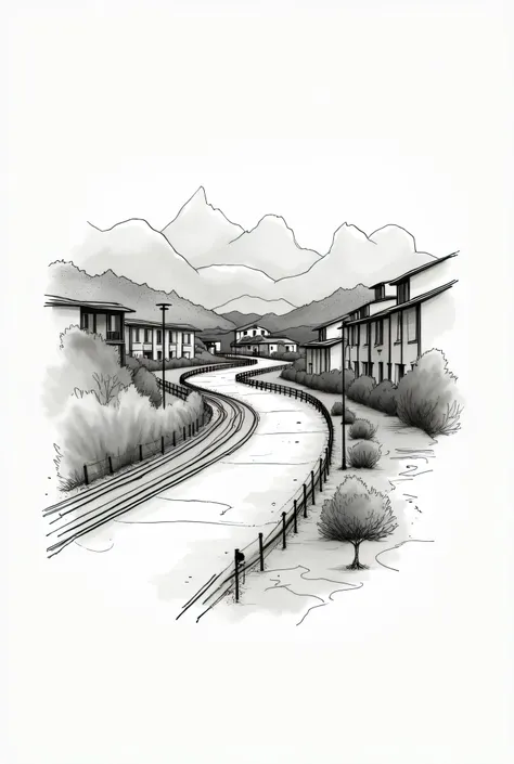 image. office also appear Create a logo for an architecture and urban planning firm. I want the image to be of the sketch style, It contains a curvy road, bike path and public transport. There may be mountains in the background and appear to marry single-s...