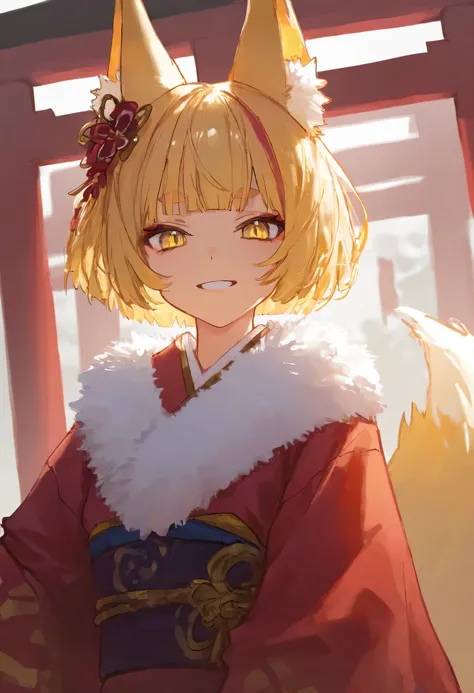 aruhshura, detailed eyes, 1girl, tail, animal ears, blonde hair, fox tail, fox ears, solo, fur trim, yellow eyes, bangs, shiny hair, kimono, hair ornament, shiny, multicolored hair, long sleeves, short hair, teeth, parted lips, wide sleeves, grin, upper bo...