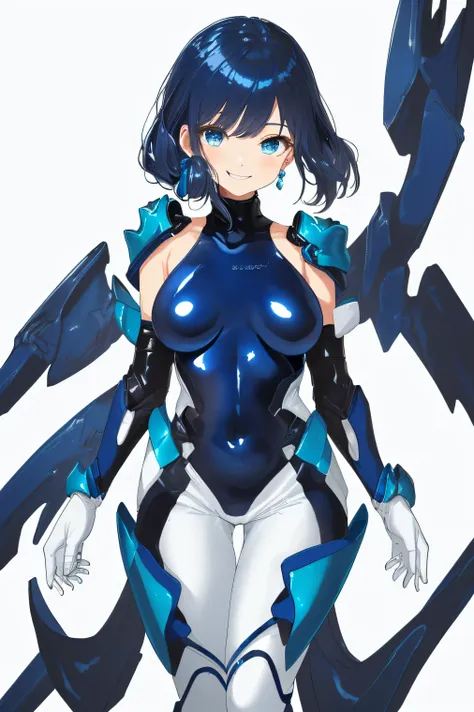 (​masterpiece、 top quality、 highest resolution 、 Clear Images 、 Detailed Images、 The angle is from above ): ( one Japanese woman 、  high knot ponytail、  Friendly Smiles。 dark blue hair  、 Sparkling blue eyes 、( enamel shiny white and navy blue pilot suit、e...