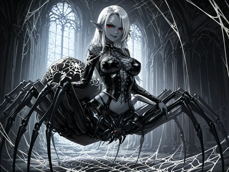 A female dark elf arachnid with blue-gray skin and ((( only 8 spider legs and 1 spider torso))), and long wild silver hair, wearing black leather top with white embroidery, bewitching smirk, inside a gothic temple covered in webs, exuding a dark fantasy ae...