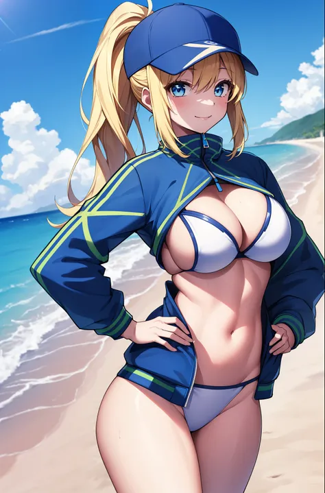 best quality, masterpiece, 1girl, raytracing, ultra detailed,detailed face, 8k wallpaper,  wide hips, smile, MysteriousHeroineXX_NDV, 1girl, blonde hair, large breasts, long hair, ponytail, blue eyes, cropped jacket, blue jacket, white bikini, baseball cap...