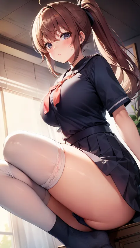 Big Breasts, bewildered,  sailor suit, Skirt, knee-high socks, cute face, ponytail