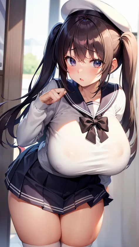 Big Breasts, bewildered,  sailor suit, Skirt, knee-high socks, cute face, twin tails