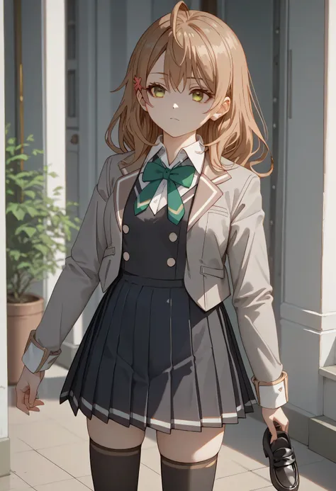    masterpiece ,    Better quality, 1 ,Maria Mikhailovna, school uniform, grey jacket, open jacket, long sleeves, green bowtie, white shirt, collared shirt, black vest, buttons, pleated skirt, black thighhighs, black loafers