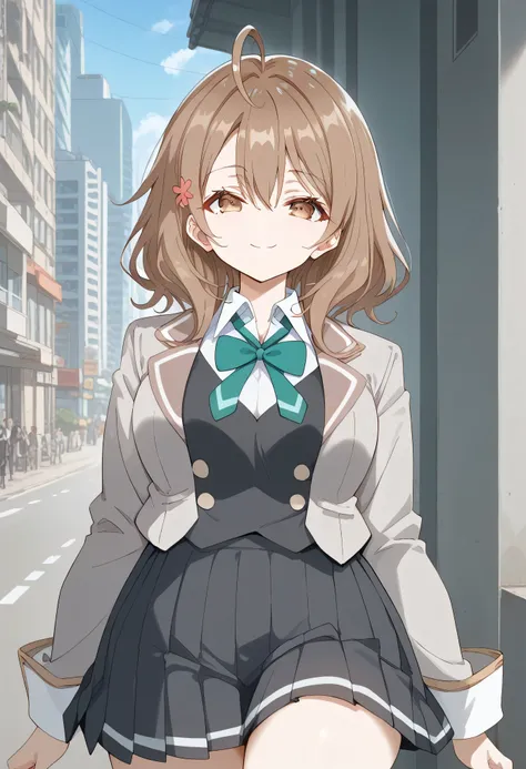 score_9, score_8_up, score_7_up, source_anime, BREAK smile,
maria mikhailovna kujou, medium hair, brown hair, ahoge, hair between eyes, hair ornament, brown eyes, 
school uniform, grey jacket, open jacket, long sleeves, green bowtie, white shirt, collared ...