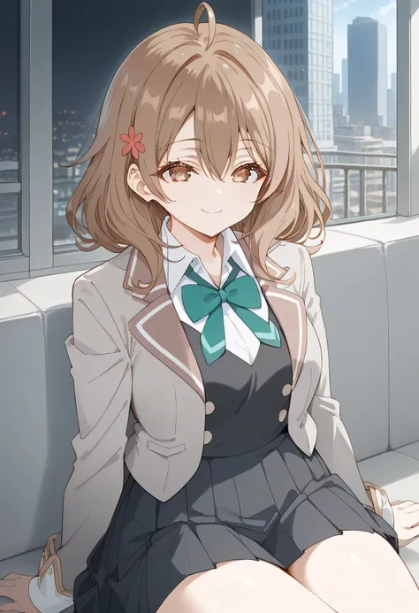 score_9, score_8_up, score_7_up, source_anime, BREAK smile,
maria mikhailovna kujou, medium hair, brown hair, ahoge, hair between eyes, hair ornament, brown eyes, 
school uniform, grey jacket, open jacket, long sleeves, green bowtie, white shirt, collared ...