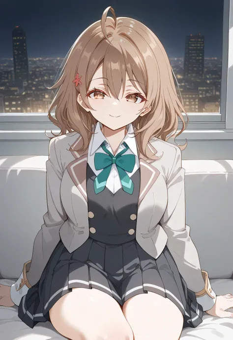 score_9, score_8_up, score_7_up, source_anime, BREAK smile,
maria mikhailovna kujou, medium hair, brown hair, ahoge, hair between eyes, hair ornament, brown eyes, 
school uniform, grey jacket, open jacket, long sleeves, green bowtie, white shirt, collared ...