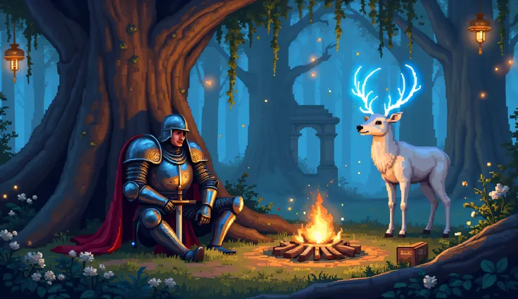 A medieval knight in full plate armor sits against the massive roots of an ancient, gnarled tree in a dreamlike, enchanted forest. His helmet rests beside him, revealing a weary yet peaceful face. His tattered red cape drapes over his shoulder, and his orn...