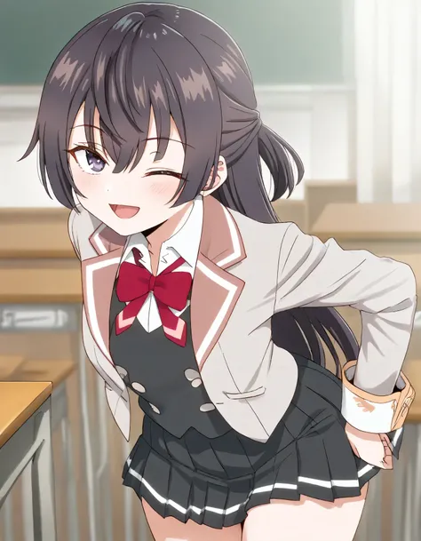 masterpiece, best quality, amazing quality,
1girl, looking at viewer, blurry backround, cowboy shot, happy, one eye closed,classroom,
yuki suou (roshidere), black hair, long hair, half updo, hair between eyes, purple eyes,
school uniform, grey jacket, open...