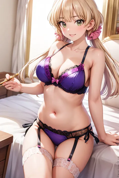 Very noble、She's horny and cute 、beautiful golden twin tails、 Please wear revealing clothes 、 garter belt、Garter Straps、 wearing erotic and alluring lace 。Wear erotic purple open lingerie    。。。。。、    Vibrant Color Styles    、  captivating you with the bes...