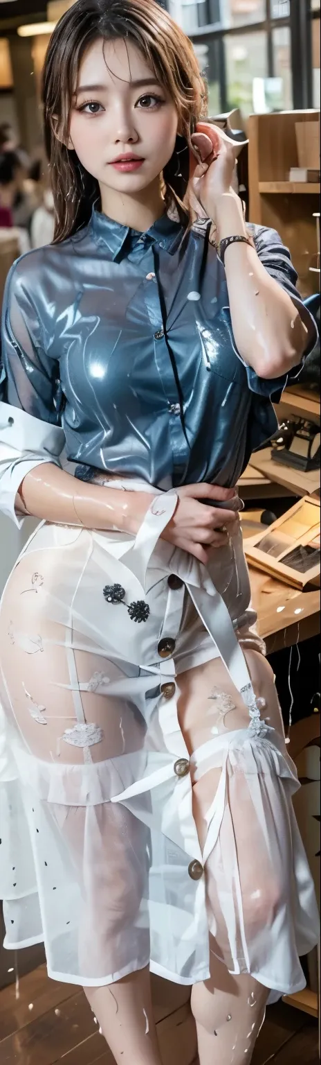 ((top quality, 8k, masterpiece: 1.3)), clear focus: 1.2,  beautiful Japanese woman with perfect figure : 1.4,20 years old, Slim Abs: 1.2, ((layered cut, : 1.2)), ((nsfw)),(Open your heart，Wet White Button Down Shirt : 1.5), (At the office, At the window: 1...