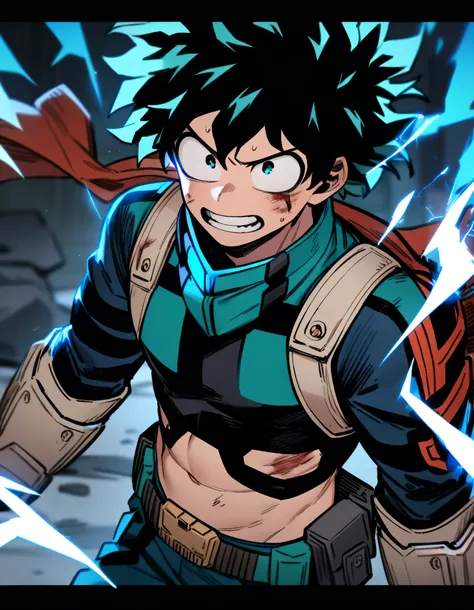 1 boy, male accent, Midoriya Izuku, My Hero Academia, injury , electricity,,  masterpiece , best quality equipment,  belly button cutout , absurd resolution 