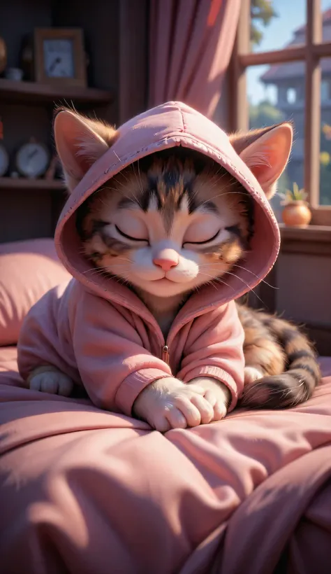 3D cute kitten character、Pink hoodie、sleeping on the bed、Inside the house、masterpiece, Background Blur, Shut your mouth.,