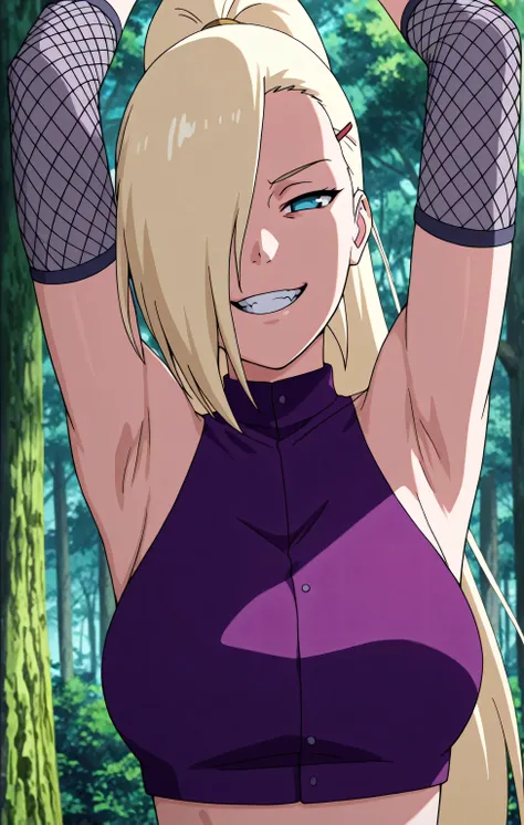 masterpiece, best quality, amazing quality, front light, anime screencap, 1girl, solo, InoShipuuden, blonde hair, high ponytail, hair over one eye, midriff, fishnets, crop top, breasts, blue eyes, bare shoulders, arms up, raised arms, armpits, head towards...