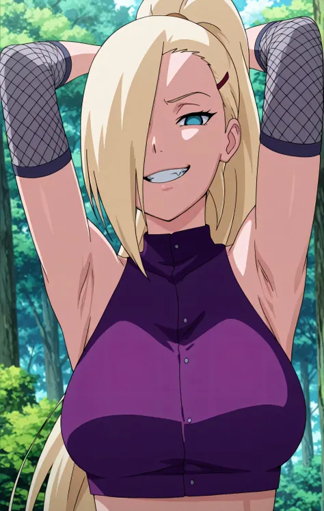masterpiece, best quality, amazing quality, front light, anime screencap, 1girl, solo, InoShipuuden, blonde hair, high ponytail, hair over one eye, midriff, fishnets, crop top, breasts, blue eyes, bare shoulders, arms up, raised arms, armpits, head towards...