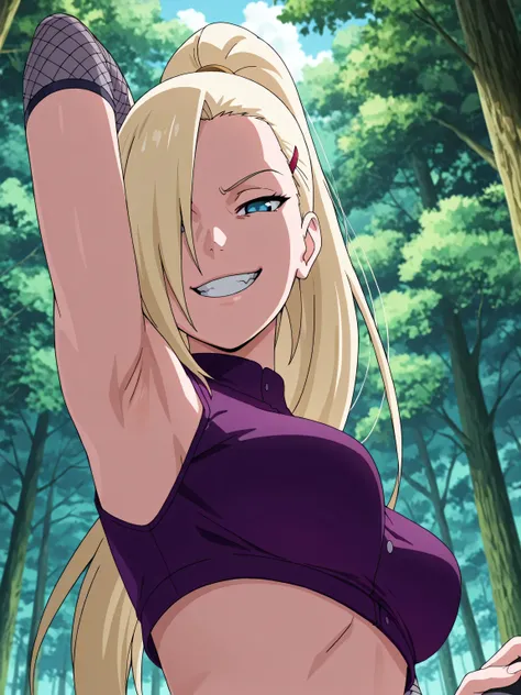 masterpiece, best quality, amazing quality, front light, anime screencap, 1girl, solo, InoShipuuden, blonde hair, high ponytail, hair over one eye, midriff, fishnets, crop top, breasts, blue eyes, bare shoulders, arm behind head, armpit, head towards viewe...