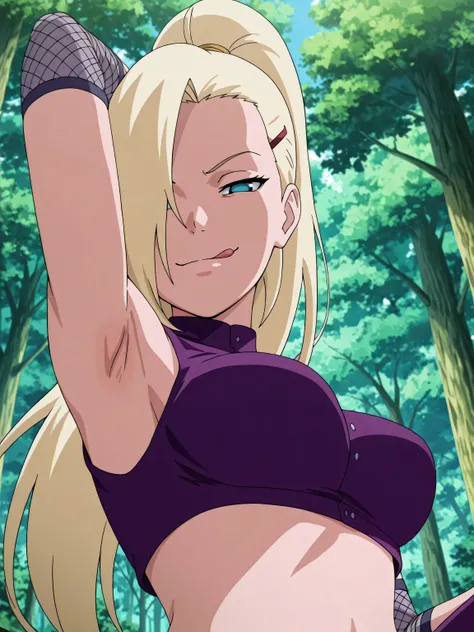 masterpiece, best quality, amazing quality, front light, anime screencap, 1girl, solo, InoShipuuden, blonde hair, high ponytail, hair over one eye, midriff, fishnets, crop top, breasts, blue eyes, bare shoulders, arm behind head, armpit, head towards viewe...