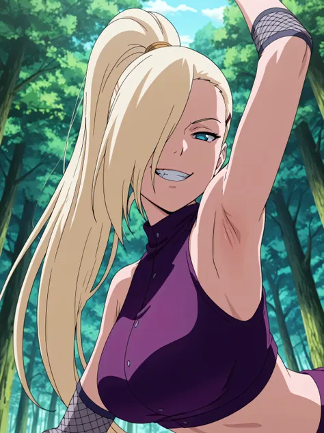 masterpiece, best quality, amazing quality, front light, anime screencap, 1girl, solo, InoShipuuden, blonde hair, high ponytail, hair over one eye, midriff, fishnets, crop top, breasts, blue eyes, bare shoulders, arm up, raised arm, armpit, head towards vi...