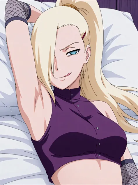 masterpiece, best quality, amazing quality, front light, anime screencap, 1girl, solo, InoShipuuden, blonde hair, high ponytail, hair over one eye, midriff, fishnets, crop top, breasts, blue eyes, bare shoulders, arm behind head, armpit, head towards viewe...