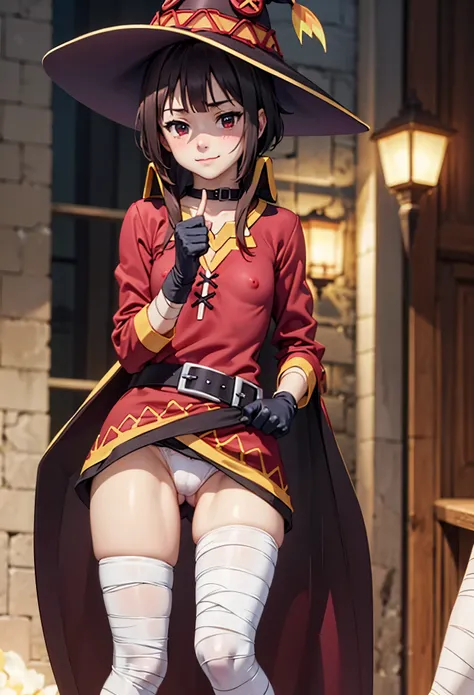  Megumin, Crazy magician, 1 girl, Alone,  witch's hat ,  brown hair , short long hair , Ojos rojos, blush,  evil smile , gargantilla negra, red dress, Brown coat,  long sleeves,  black gloves,  fingerless gloves , brown belt, gold ornament, (bandaged legs:...