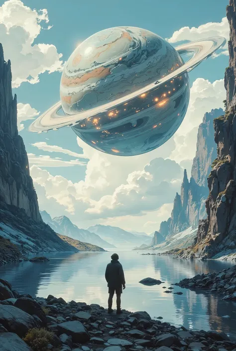 A solitary figure stands on the rocky shore of a vast, reflective body of water, gazing up at a massive, fantastical planet suspended in the sky, adorned with glowing bands and a striking ring system reminiscent of Saturn. The surreal landscape encapsulate...