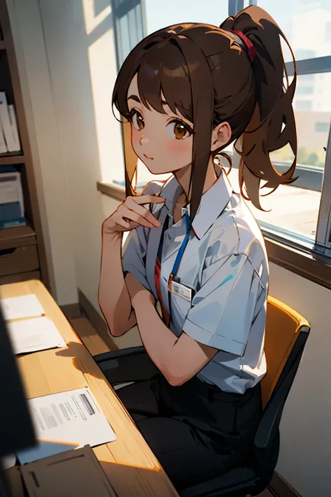 ((best quality)), ((masterpiece)), (detailed), High quality, office worker, female, petite frame, brown eyes, long brown hair, ponytail