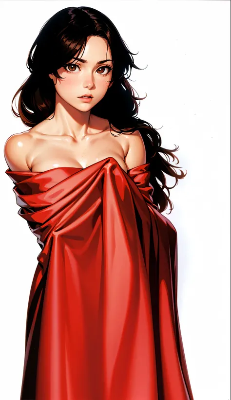 masterpiece, best quality, highres, absurdres, 4k resolution, official art, female, 1girl, sharp eyes, expressive eyes, brown eyes, fair skin, collarbone, bare shoulders, bare hands, red blanket, brown hair, long hair, fair skin, white background, plain ba...