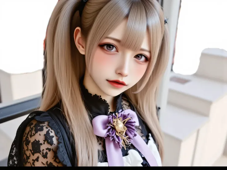 Anatomically correct, clear blue eyes, green mesh hairstyle, elegant and calm expression, white gothic costume, black lace decoration on the sleeves and collar of the costume, purple butterfly ribbon on the chest and a large gold brooch with ribbon, classi...
