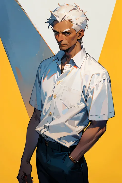 ((best quality)), ((masterpiece)), (detailed), High quality, mercenary, plain simple white shirt, no decorations, black pants, tall middle aged man with short white hair, dark skin