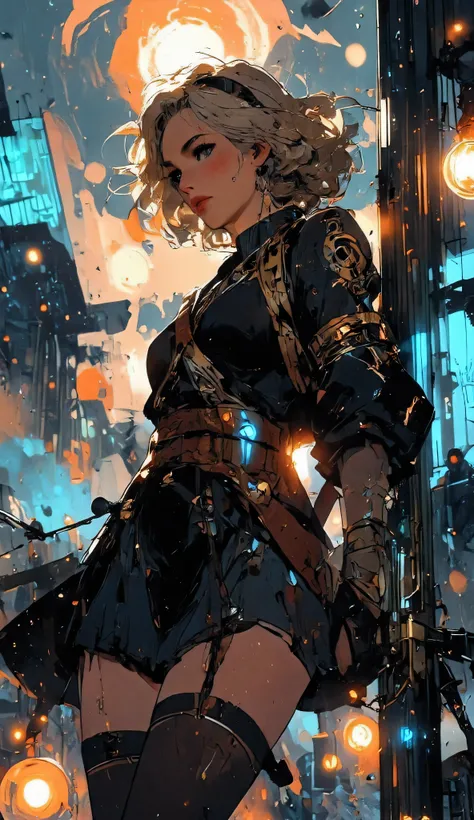 A wizard woman floating in the air、Giving off shining magic,Magical circles and sparkling sparks in the background,Long walking stick,The detailed robe with a sacred geometric pattern flutters in the wind,An expression of unwavering concentration and deter...