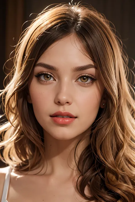 portrait, face only, long wavy hair, fringe, piel blanca, honey eyes, bump nose, red lips , detailed face, seductive look,