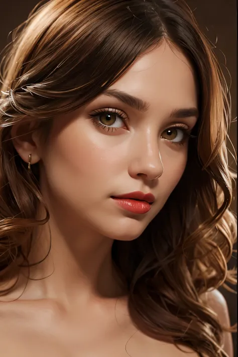 portrait, face only, long wavy hair, fringe, piel blanca, honey eyes, bump nose, red lips , detailed face, seductive look,