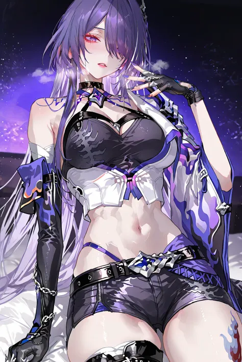 score_9, score_8_up, score_7_up, masterpiece, best quality, very aesthetic, absurdres, tunning image, light particles, attractive image, 1girl, adult grown woman, acheron_\(honkai_star_rail\) , purple hair , purple eyes, hair over one eye , lips, heavy bre...