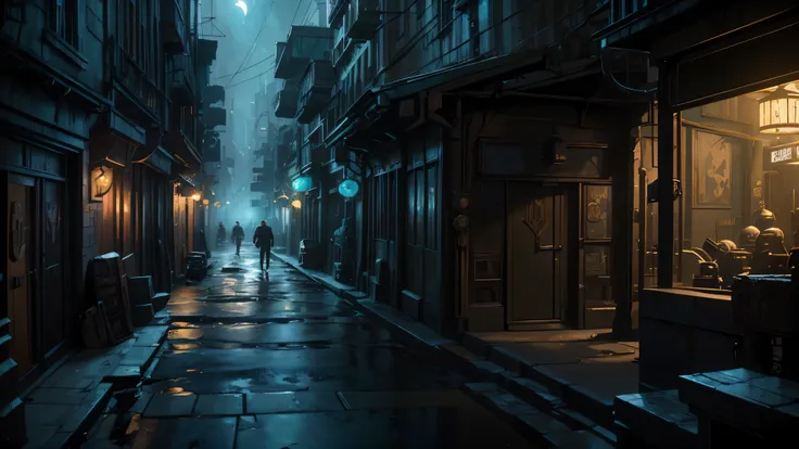 masterpiece:1.4, Perfect quality, highly detailed, 8k, Stops on a dark street, Concept art, Carl Spitzweg-inspired, trends in cg-society, conceptual art, stunning atmosphere, shadowy city intersection, picturesque Concept art, dark cinematic Concept art, U...
