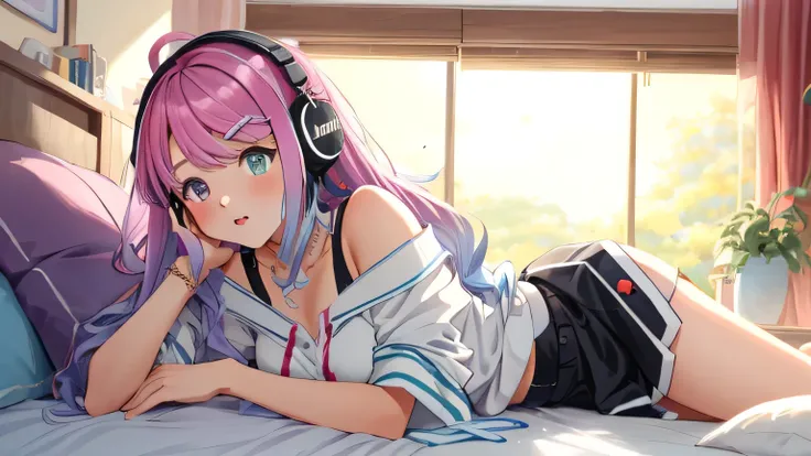 Anime girl lying on bed with headphones in her room, Lofi Artstyle, inspired By Atey Gairan, By Atey Gairan, Makoto Shinkai Cyril Rolland, Atei Gailan Style, Atei Gailan 8K, Lo-fi Girl, Lofi Art, Colorful anime movie background, Lo-fi feeling, Beautiful an...