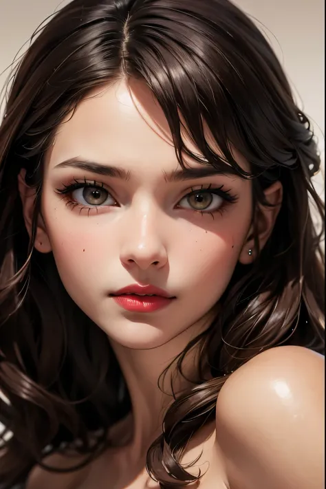 portrait, face only, long wavy hair, fringe, piel blanca, honey eyes, bump nose, red lips , detailed face, seductive look,