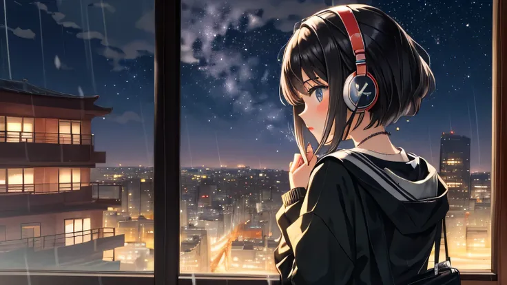 Create a scene of a 25-year-old woman looking out a window, listening to music with headphones, Quiet and calm environment, black hair short, Rear View, Gazing at the Horizon, At night, and through the window you can see fireflies and a beautiful landscape...