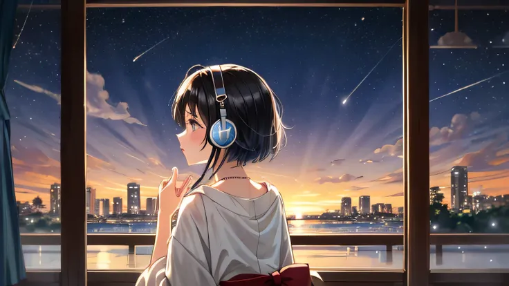 Create a scene of a 25-year-old woman looking out a window, listening to music with headphones, Quiet and calm environment, black hair short, Rear View, Gazing at the Horizon, At night, and through the window you can see fireflies and a beautiful landscape...