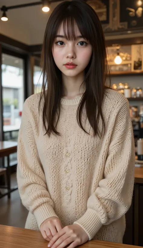 ( 8K Resolution for Kindergartens, RAW Photo Format, high quality, masterpiece:1.2), depicts a cute Japanese woman wearing light clothes , Loose, thick knit sweater long enough to barely hide the buttocks so you can see the texture and transparency of t...