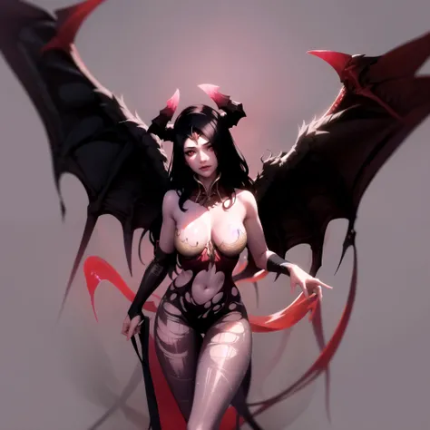 masterpiece, best quality, 1girl, vykas, black hair, long hair, red eyes, horns, large breasts, demon girl, succubus, wings, solo, looking at viewer, simple background 