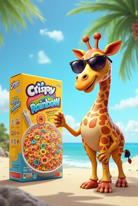 
packaging from the front and back from various angles of a cereal with colored rings, called Crispy Rainbow with blue colors, reds, green and yellow , And the mascot of the brand is a giraffe with sunglasses more animated, with landscape on the beach


