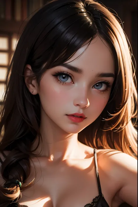 portrait, face only, long wavy hair, fringe, piel blanca, honey eyes, bump nose, red lips , detailed face, seductive look,