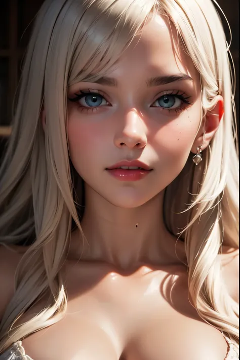 portrait, face only, long wavy hair, fringe, piel blanca, honey eyes, bump nose, red lips , detailed face, seductive look t-shirt,