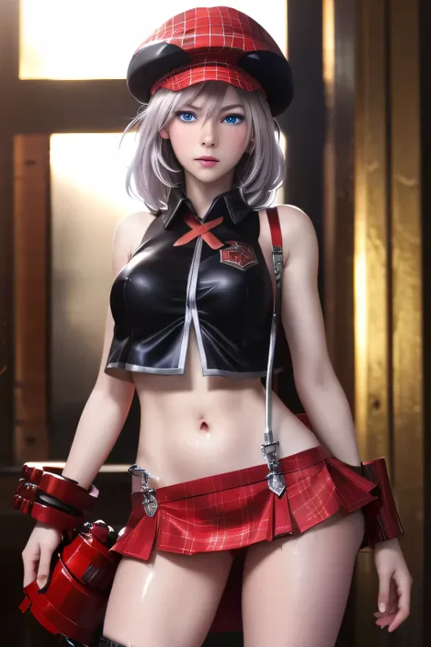perfect anatomy top quality,highest resolution,(((Metallic Outfit red hat suspenders Shiny Silver Hair red check mini skirt Dark blue eyes shiny skin belly button sticking))) God Eater Alisa Ilinichina Amiera