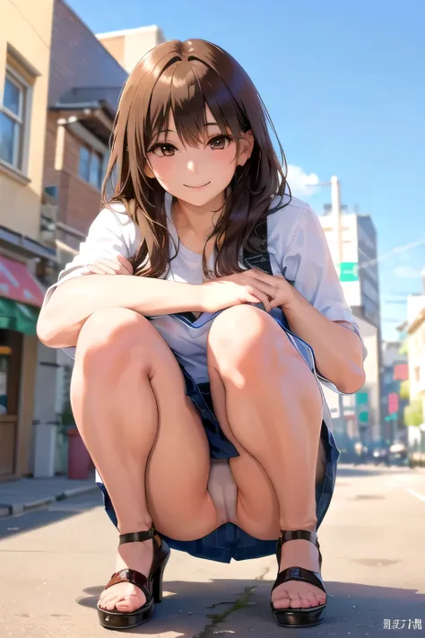 usquat photo of a woman crouching on a city street、smiling at the camera、panties（Highly refined muscles：1.2）、  8k uhd、dslr、high quality、high qualityの顔、High definition facial skin、real、Realistic lighting、Photorealistic、abstract、high resolution、masterpiece、最...